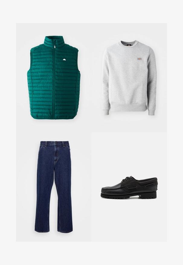 Teal puffer vest med høj krave, lynlåslukning foran og vandret quiltet design. Har et lille hvidt logo øverst til venstre.; Grå sweatshirt med rund hals, ribbede manchetter og kant, lavet af blødt bomuldsstof. Har et lille logo på venstre bryst.; Mørkeblå denim jeans med lige ben-design, der har knaplukning, fem lomme-stil og diskrete syninger.; Sort sko med overdel i læder, tekstilaccentuer, runde snørebånd og en tekstureret gummisål. Udstyret med mokkasinsyning og branddetalje.