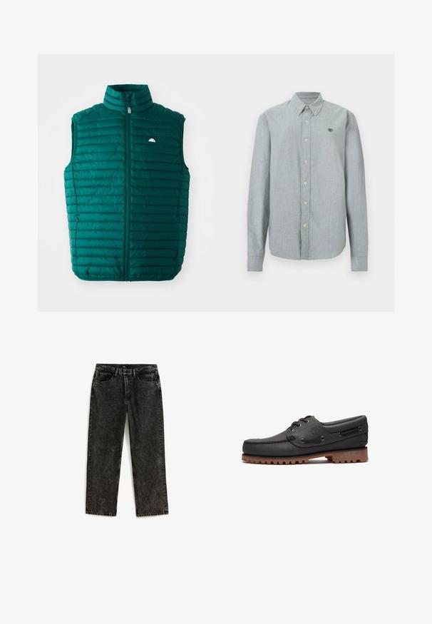 Chaleco acolchado en verde azulado con cuello alto, cierre frontal con cremallera y diseño de acolchado horizontal. Presenta un pequeño logo blanco en la parte superior izquierda.; Camisa de manga larga color gris claro con botones, cuello y un pequeño logo verde en el pecho izquierdo, mostrada sobre un fondo liso.; Vaqueros de mezclilla negros con textura descolorida, diseño de pierna recta, estilo de cinco bolsillos y cierre de botón en la pretina.; Zapato náutico de cuero negro con detalles de cordones, puntera redonda, suela de goma marrón texturizada y lados de cuero cosidos.