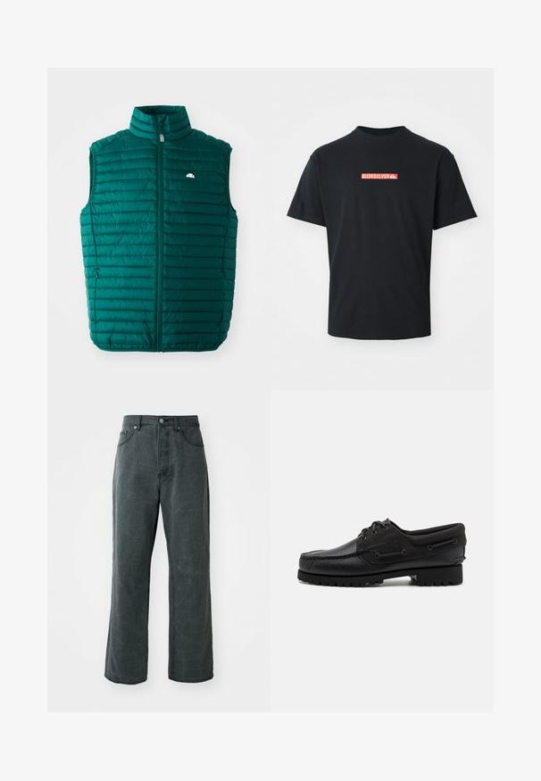 Chaleco acolchado en verde azulado con cuello alto, cierre frontal con cremallera y diseño de acolchado horizontal. Presenta un pequeño logo blanco en la parte superior izquierda.; Camiseta negra de manga corta con un pequeño logo de Quiksilver en rojo y blanco centrado en el pecho, presentado sobre un fondo blanco liso.; Vaqueros de patas anchas en gris oscuro, hechos de denim, con una cintura alta, diseño de cinco bolsillos y una sutil textura desgastada.; Zapato negro con parte superior de cuero, acentos de textil, cordones redondos y suela de goma texturizada. Presenta costura de mocasín y detalle de marca.