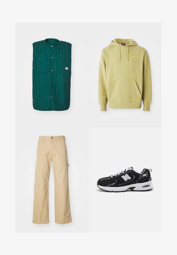 Grüne gesteppte Weste mit runder Halsöffnung, vorderen Druckknöpfen und zwei vertikalen Brusttaschen. Texturiertes Material mit genähten Linien und einem Logolabel.; Helle grüne Pullover-Haube mit Kängurutasche, Kordelzügen, gerippten Bündchen und kleinem gelben "Dickies"-Logo auf der Brust.; Beigeweite Cargo-Hosen mit Knopfverschluss, ausgestattet mit Seitentaschen, aus strapazierfähigem Baumwollstoff, mit glatter Textur und geradem Schnitt.; Schwarze und graue Sportschuhe mit Obermaterial aus Mesh und Wildleder, ausgestattet mit einer weißen Zwischensohle, Schnürsenkeln und einem markanten "N"-Logo an der Seite.