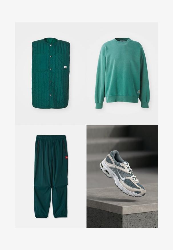 Grüne gesteppte Weste mit runder Halsöffnung, vorderen Druckknöpfen und zwei vertikalen Brusttaschen. Texturiertes Material mit genähten Linien und einem Logolabel.; Grüner Rundhalsausschnitt-Pullover aus Baumwollmischung. Verfügt über gerippte Bündchen und Saum, eine lockere Passform und ein kleines Logotag auf der unteren linken Seite.; Outdoor-Hosen in dunkelblaugrün, mit elastischem Bund, zwei seitlichen Reißverschlusstaschen und elastischen Bündchen an den Knöcheln. Leichtes Material.; Grauer und weißer Nike-Laufschuh mit Mesh-Obermaterial und gedämpfter Sohle, schwebend über einem Betonsims vor einem unscharfen grauen Hintergrund.