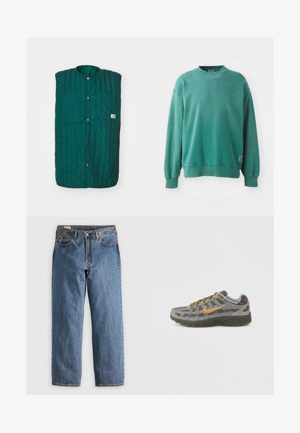 Chaleco acolchado verde con cuello redondo, botones a presión en la parte delantera y dos bolsillos verticales en el pecho. Tejido texturizado con líneas cosidas y una etiqueta de logo.; Sudadera verde de cuello redondo hecha de una mezcla de algodón. Cuenta con puños y dobladillo acanalados, un corte holgado y una pequeña etiqueta con el logo en el lado inferior izquierdo.; Jeans de mezclilla azul con un corte recto, que cuentan con una cintura alta, remaches de cobre y costuras naranjas. Incluyen bolsillos delanteros y traseros.; Zapatilla de ante gris con acentos dorados, paneles texturizados y cordones a juego. Cuenta con una suela acolchada y un detalle de logotipo en el lateral.