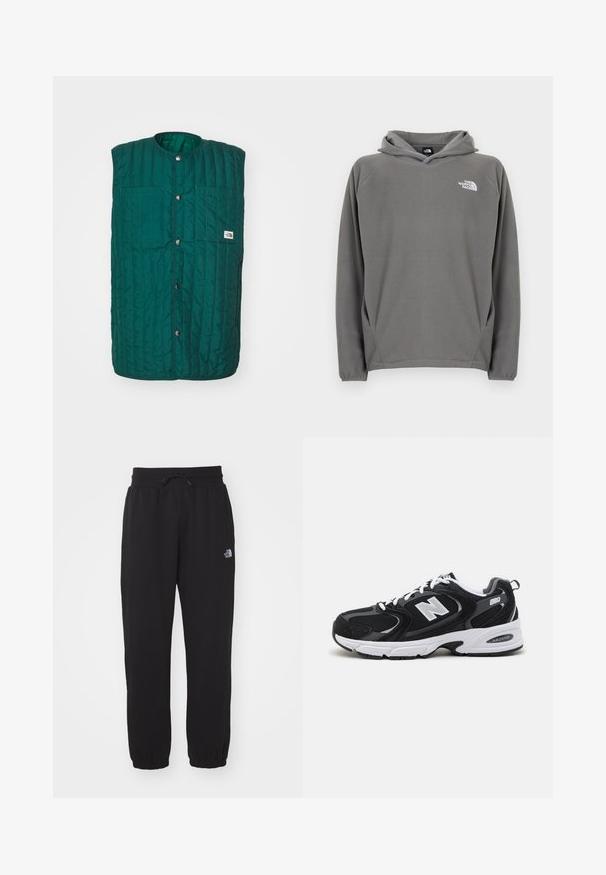 Grüne gesteppte Weste mit runder Halsöffnung, vorderen Druckknöpfen und zwei vertikalen Brusttaschen. Texturiertes Material mit genähten Linien und einem Logolabel.; Grauer Fleece-Kapuzenpullover mit Fronttasche, verstellbarem Kordelzug an der Kapuze und kleinem weißem Logo auf der linken Brustseite.; Schwarze Jogginghose aus weichem Stoff, mit einem elastischen Bund und Kordelzug, Bündchen an den Knöcheln und einem kleinen Logo am Oberschenkel.; Schwarze und graue Sportschuhe mit Obermaterial aus Mesh und Wildleder, ausgestattet mit einer weißen Zwischensohle, Schnürsenkeln und einem markanten "N"-Logo an der Seite.