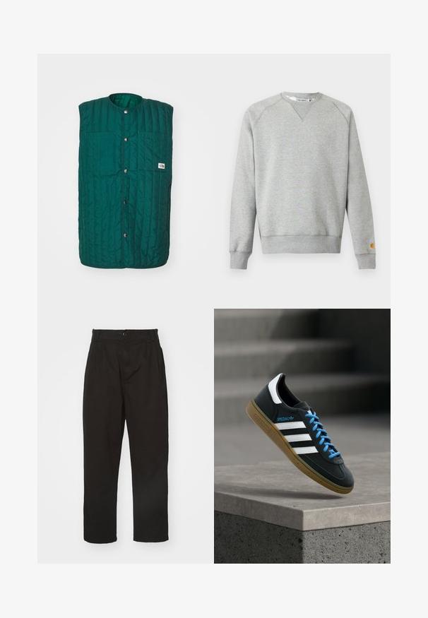 Roheline tilgaklapi vest ümmarguse kaeluse, esise nuppudega ja kahe vertikaalse rinnataskuga. Tekstuuriga kangas koos õmblustega joonte ja logoga etikett.; Helehall hall crewneck-tüüpne dressipluus pikkade varrukate ja soonikkoes mansettidega ning väike logoga tahvel vasaku varruka mansetil.; Mustad mustadest kangast püksid, millel on nööbiga sulgemine, sirge lõige ja kaks esist plehti täiendava detailina.; Must Adidas toss valgete triibu, siniste paelte ja kummist tallaga, hõljuv pehme valgusega halli betoonastme kohal.