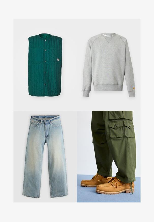 Grüne gesteppte Weste mit runder Halsöffnung, vorderen Druckknöpfen und zwei vertikalen Brusttaschen. Texturiertes Material mit genähten Linien und einem Logolabel.; Hellgraues Sweatshirt mit Rundhalsausschnitt, langen Ärmeln, gerippten Bündchen und Saum sowie kleinem Logo-Patch am linken Ärmelbündchen.; Hellblaue, weit geschnittene Jeans aus Denim mit verblasstem Finish. Verfügen über ein standardmäßiges Design mit fünf Taschen und Metallknopfverschluss.; Timberland AUTHENTIC 3 EYE - Bootsschuh - wheat