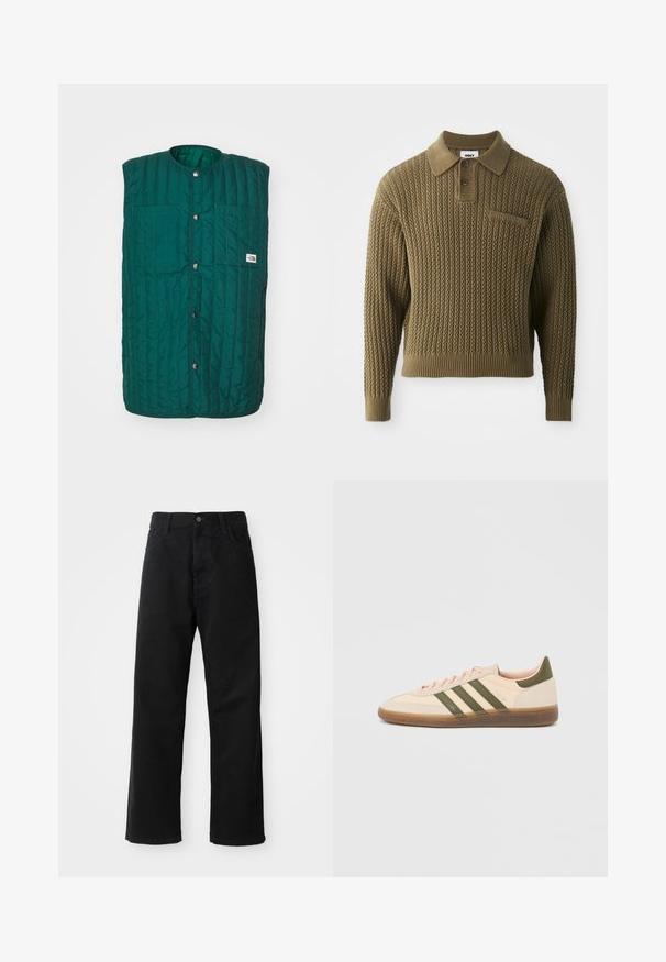 Grüne gesteppte Weste mit runder Halsöffnung, vorderen Druckknöpfen und zwei vertikalen Brusttaschen. Texturiertes Material mit genähten Linien und einem Logolabel.; Strickpullover in Olivgrün mit strukturierter Musterung, Kragenhals und einer Drei-Knopf-Leiste. Mit gerippten Bündchen und Saum.; Schwarze Jeans mit geradem Schnitt, ausgestattet mit Fronttaschen, einem Reißverschluss und einem einzelnen oberen Knopf. Texturiert mit matter Oberfläche.; Flacher, beigefarbener Adidas Spezial Sneaker mit grünen Streifen, Gummisohle und "SPEZIAL" Schriftzug an der Seite, von der Außenseite gezeigt.