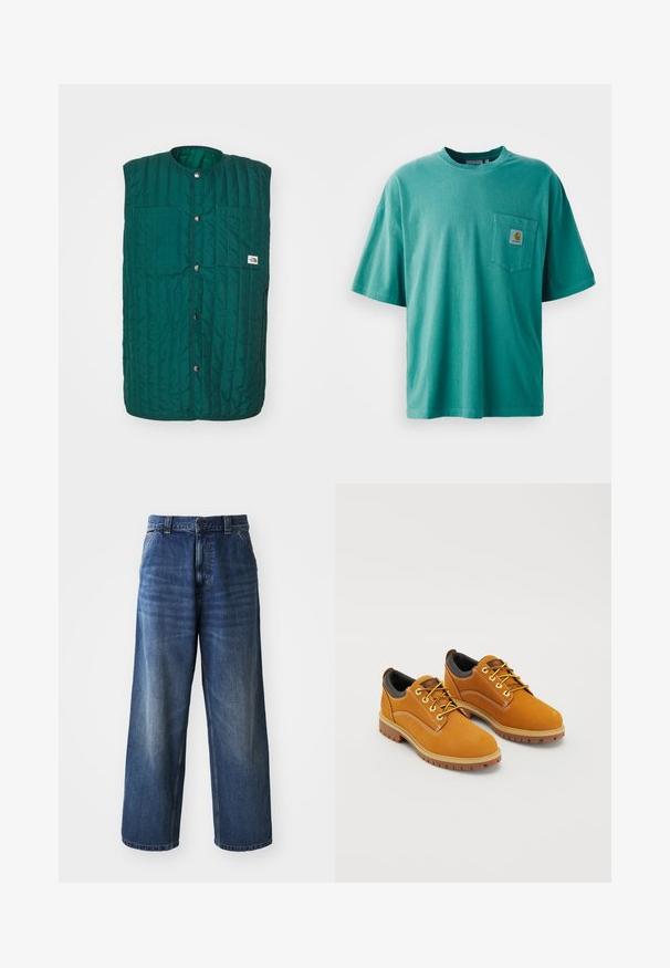 Chaleco acolchado verde con cuello redondo, botones a presión en la parte delantera y dos bolsillos verticales en el pecho. Tejido texturizado con líneas cosidas y una etiqueta de logo.; Camiseta de algodón verde con cuello redondo, mangas cortas y un bolsillo frontal con un parche de logo. Textura suave y ajuste relajado.; Jeans de mezclilla azul de cintura alta con un diseño de pierna ancha, que presentan un ligero desvanecimiento, bolsillos delanteros y un cierre de botón en la cintura.; Zapatos de ante marrón con punta redonda, cordones amarillos, un collar acolchado negro y suelas de goma con surcos de tracción.