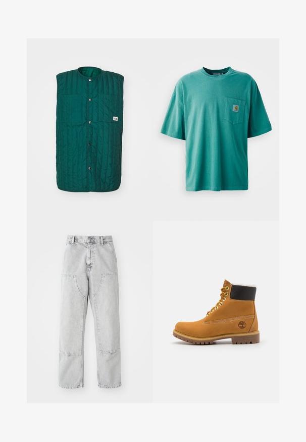 Chaleco acolchado verde con cuello redondo, botones a presión en la parte delantera y dos bolsillos verticales en el pecho. Tejido texturizado con líneas cosidas y una etiqueta de logo.; Camiseta de algodón verde con cuello redondo, mangas cortas y un bolsillo frontal con un parche de logo. Textura suave y ajuste relajado.; Pantalones de mezclilla gris claro con un corte holgado, que presentan grandes bolsillos laterales, costuras visibles y un diseño de pierna recta. Pasadores para cinturón en la cintura.; Botín de cuero marrón con ojales de metal, forro de piel sintética blanca, cuello acolchado negro, suela resistente y logotipo en relieve en el costado.