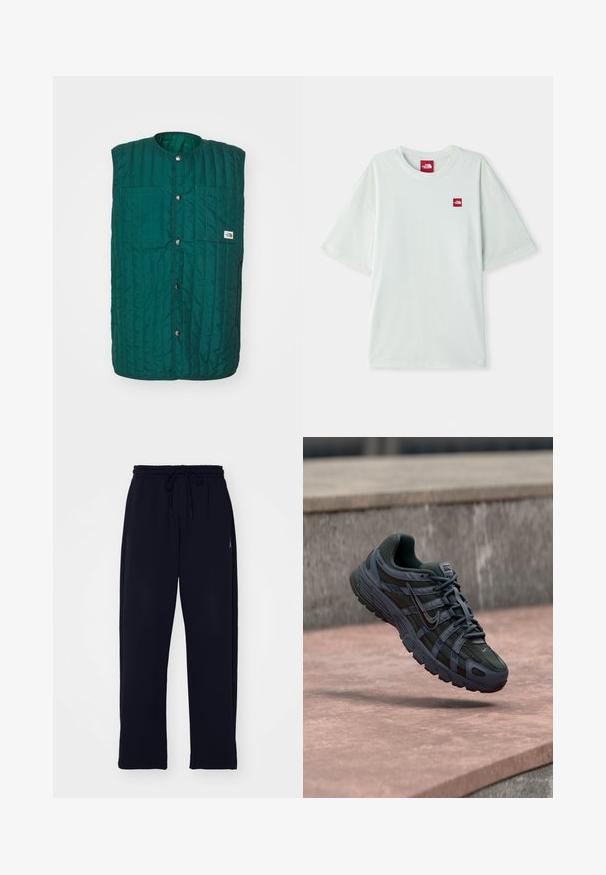 Grüne gesteppte Weste mit runder Halsöffnung, vorderen Druckknöpfen und zwei vertikalen Brusttaschen. Texturiertes Material mit genähten Linien und einem Logolabel.; Hellgrünes Kurzarm-T-Shirt aus weicher Baumwolle, mit einem kleinen roten Logostein auf der linken Brustseite. Entspannte Passform und runder Halsausschnitt.; Schwarze Sweatpants aus weichem Stoff. Mit einem elastischen Bund und einem Kordelzug sowie seitlichen Taschen. Gerades Bein-Design.; Dunkelgrauer Nike Laufschuh mit Mesh- und Synthetikdesign, schwebt über einer rosa Betonfläche vor grauem Stein-Hintergrund.