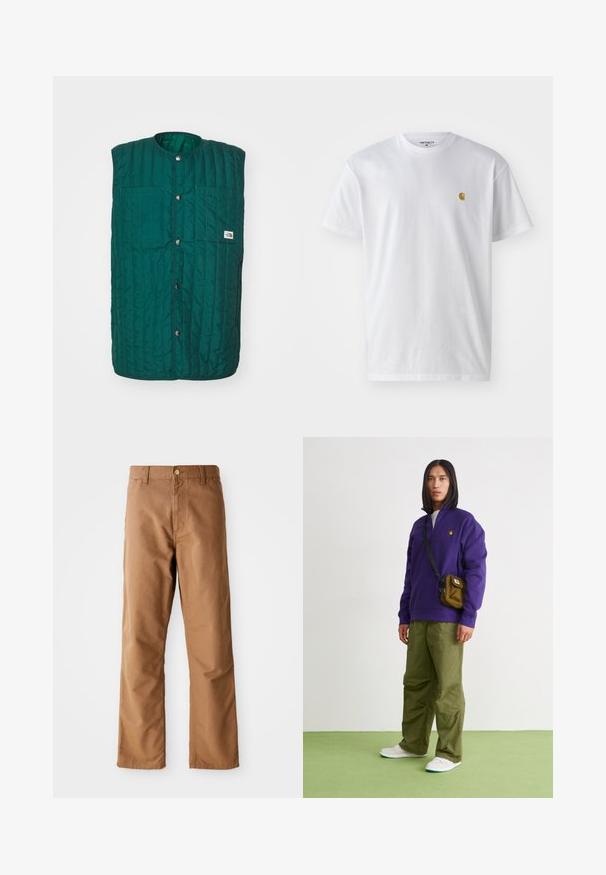 Grüne gesteppte Weste mit runder Halsöffnung, vorderen Druckknöpfen und zwei vertikalen Brusttaschen. Texturiertes Material mit genähten Linien und einem Logolabel.; Weißes Baumwoll-T-Shirt mit kurzen Ärmeln, Rundhalsausschnitt, mit einem kleinen goldenen Logo im linken Brustbereich. Weicher Stoff und normale Passform.; Braune gerade geschnittene Hosen mit Gürtelschlaufen, Vordertaschen, Knopfverschluss und Reißverschluss vor einem weißen Hintergrund.; Jordan AIR JORDAN 1 ZM CMFT 2 - Sneaker high - summit white/bicoastal/oxidized green