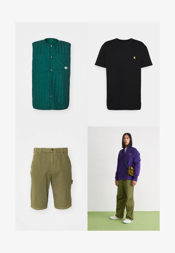 Grüne gesteppte Weste mit runder Halsöffnung, vorderen Druckknöpfen und zwei vertikalen Brusttaschen. Texturiertes Material mit genähten Linien und einem Logolabel.; Schwarzes Baumwoll-T-Shirt mit kurzen Ärmeln, Rundhalsausschnitt und einem kleinen gelben Logo im linken Brustbereich. Einfaches Design und normale Passform.; Olivgrüne Baumwoll-Cargo-Shorts mit Knopfverschluss, Gürtelschlaufen, seitlichen Taschen und einer leicht strukturierten Stoffoberfläche.; Jordan AIR JORDAN 1 ZM CMFT 2 - Sneaker high - summit white/bicoastal/oxidized green