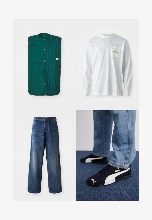 Chaleco acolchado verde con cuello redondo, botones a presión en la parte delantera y dos bolsillos verticales en el pecho. Tejido texturizado con líneas cosidas y una etiqueta de logo.; Camisa de manga larga blanca con cuello redondo, con un bolsillo en el pecho que presenta un pequeño logo bordado colorido y texto.; Jeans de mezclilla azul de cintura alta con un diseño de pierna ancha, que presentan un ligero desvanecimiento, bolsillos delanteros y un cierre de botón en la cintura.; Zapatillas de ante negras con acentos blancos, que presentan un logo dorado. Combinadas con unos jeans de mezclilla azul claro y colocadas sobre una superficie texturizada azul.