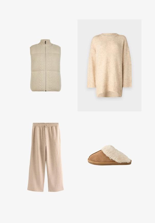 Cremefarvet strikket vest med høj krave, lynlås-lukning og flettet mønster foran, der har et tekstureret, blødt stof.; Beige strik sweater med ribbet rund hals, faldne skuldre og en længere rygkant. Blød tekstur med et subtilt mønster.; Beige bukser med vide ben, elastisk talje og snørre, lavet af et blødt, plettet stof.; Brun slip-on tøffel med blød beige imiteret pelsforing og sål, vist fra siden på hvid baggrund.
