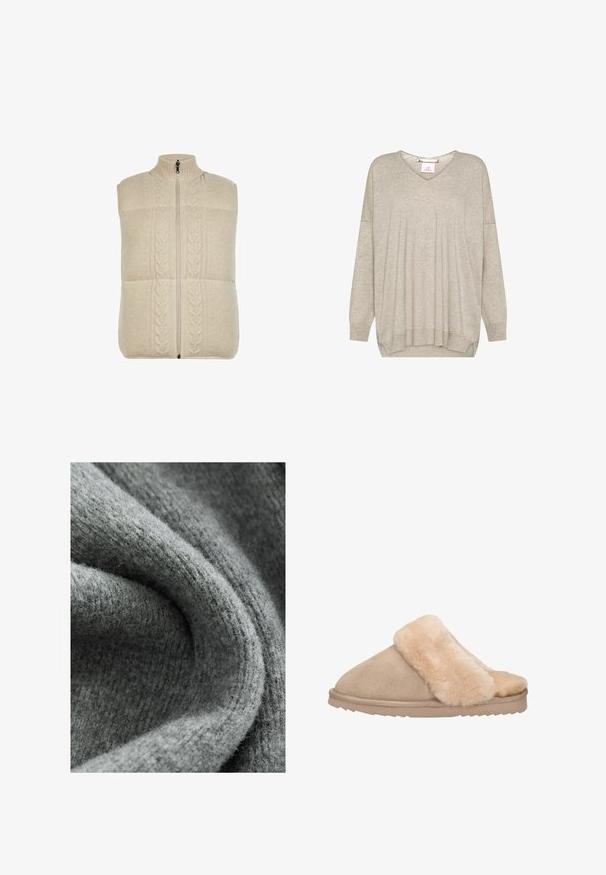 Crème-kleurige gebreide vest met hoge kraag, ritssluiting en kabelbreipatroon aan de voorkant, met een textuurrijke, zachte stof.; Lichtbeige lange mouw gebreide trui met V-hals en geribde boorden en zoom, met een licht losse pasvorm en aflopende schoudernaden.; Grijze stof met een zachte, gestructureerde oppervlakte, met een mengsel van fijne vezels en een subtiel ribbelpatroon, gevouwen en gekreukt.; Beige slipper met een zachte, met bont gevoerde bovenkant, voorzien van een strak ontwerp, ronde neus en een duurzame rubberen zool met een gestructureerde grip.
