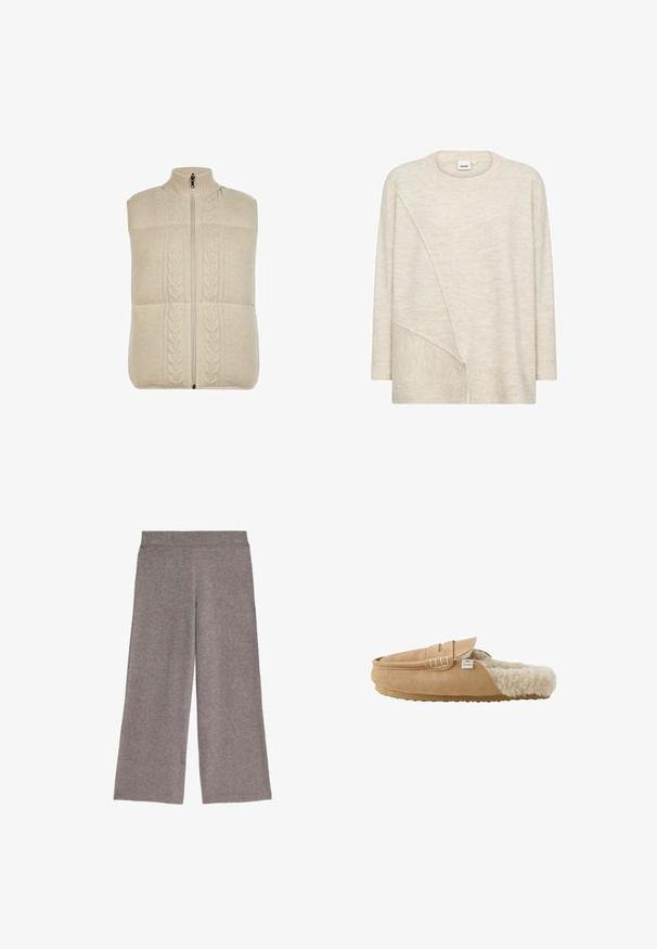 Cremefarvet strikket vest med høj krave, lynlås-lukning og flettet mønster foran, der har et tekstureret, blødt stof.; Beige strikket sweater med en løs pasform, rund halsudskæring, asymmetrisk design og teksturerede detaljer langs kant og ærmer.; Grå brede strikbukser med elastisk talje, flad front og løs pasform, præsenteret på en hvid baggrund.; Lysebrun ruskind slip-on tøffel med blødt cremefarvet imiteret pelsfoder og flad gummisål vist fra siden.