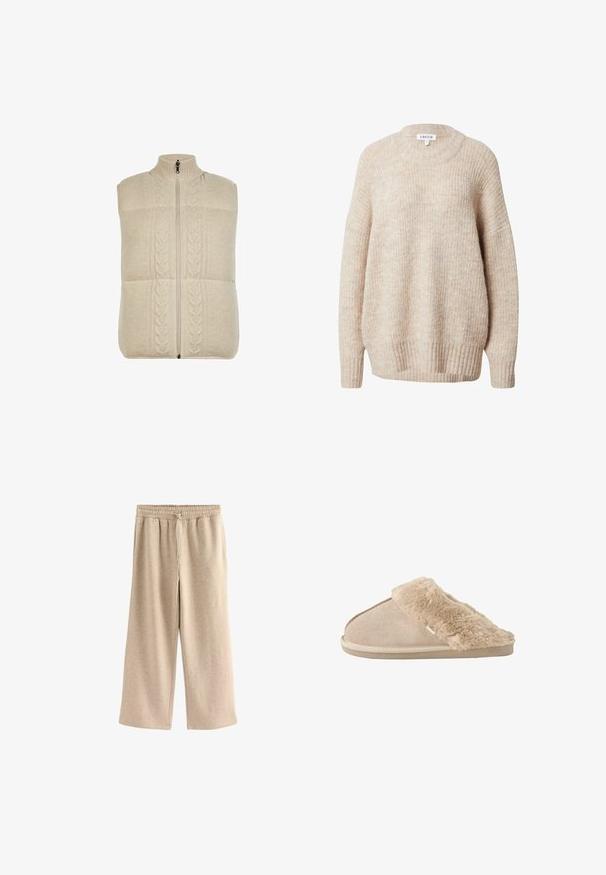 Crème-kleurige gebreide vest met hoge kraag, ritssluiting en kabelbreipatroon aan de voorkant, met een textuurrijke, zachte stof.; Beige gebreide trui met een ronde hals, verlaagde schouders en geribbelde manchetten en zoom. Heeft een gestructureerde, licht losse pasvorm.; Crème-kleurige wijde broek gemaakt van een zachte katoenmix. Heeft een elastische tailleband met trekkoord en een subtiele gespikkelde textuur.; Beige instappantoffel met zachte suède buitenkant en een zachte, pluizige voering en boord, ontworpen voor binnencomfort.