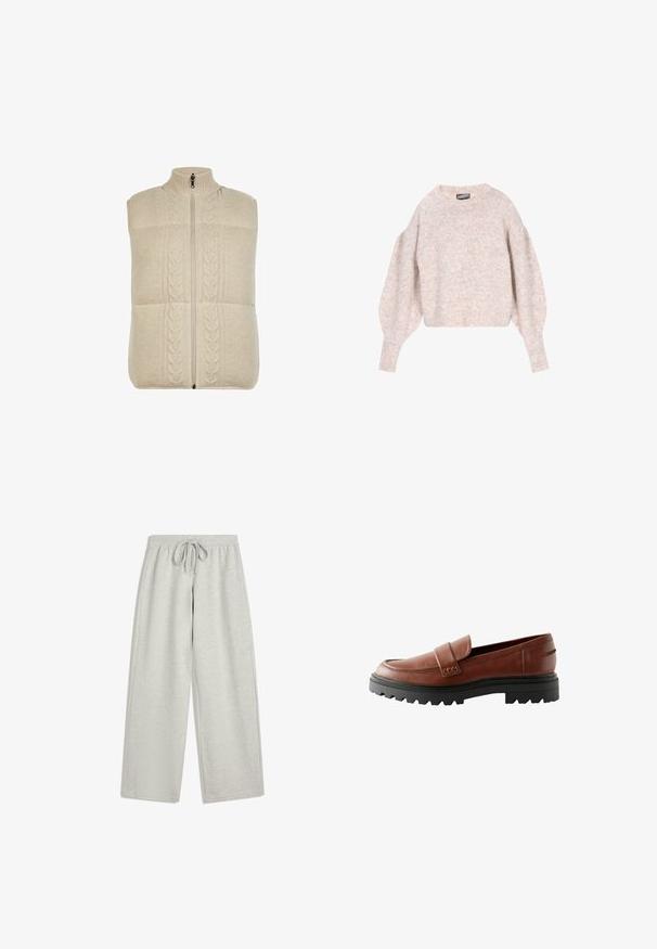 Cremefarvet strikket vest med høj krave, lynlås-lukning og flettet mønster foran, der har et tekstureret, blødt stof.; Lyserød cropped sweater lavet af blødt strikmateriale. Har en bred halsudskæring, ballonærmer og ribbede manchetter. Struktureret finish.; Lysegrå sweatpants med brede ben, blød tekstur, elastisk talje og snøredetalje foran. Ingen synlige lommer. Casual design.; Brune læder loafers med en forhøjet tåhætte, dekorativ rem og tekstureret sort gummisål med markant mønster.