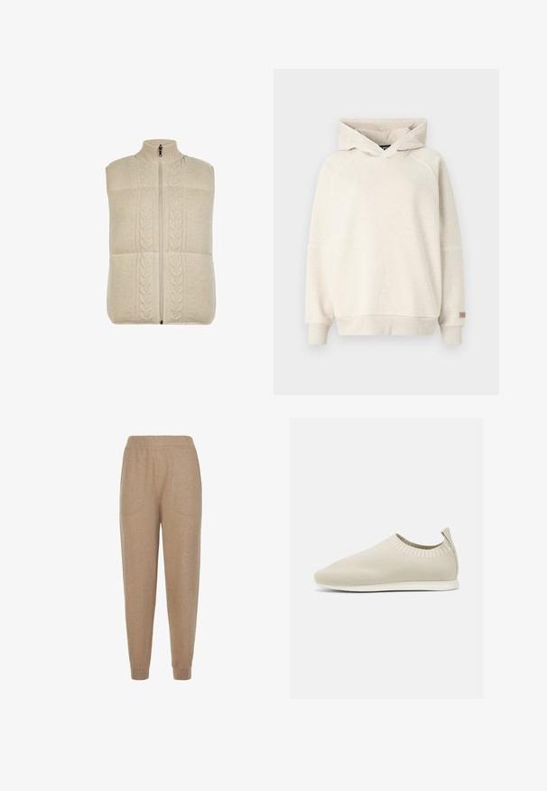 Crème-kleurige gebreide vest met hoge kraag, ritssluiting en kabelbreipatroon aan de voorkant, met een textuurrijke, zachte stof.; UGG CLASSIC HOODIE - Hoodie - beige; Beige gebreide broek met elastische tailleband, zijzakken en geribbelde boorden bij de enkels.; Beige gebreide instap schoen met een lage profiel, textuur bovenkant en een flexibele zool. Kenmerkt zich door een geweven ontwerp rond de enkel voor comfort.