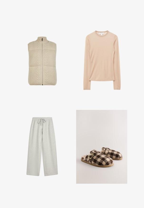 Cremefarvet strikket vest med høj krave, lynlås-lukning og flettet mønster foran, der har et tekstureret, blødt stof.; Beige langærmet rundhalset sweater med figursyet pasform, vist fladt mod en hvid baggrund.; Lysegrå sweatpants med brede ben, blød tekstur, elastisk talje og snøredetalje foran. Ingen synlige lommer. Casual design.; Brune og cremefarvede ternede hjemmesko med pelslignende tekstur, justerbar spænde og gummisål. Blødt for for komfort.