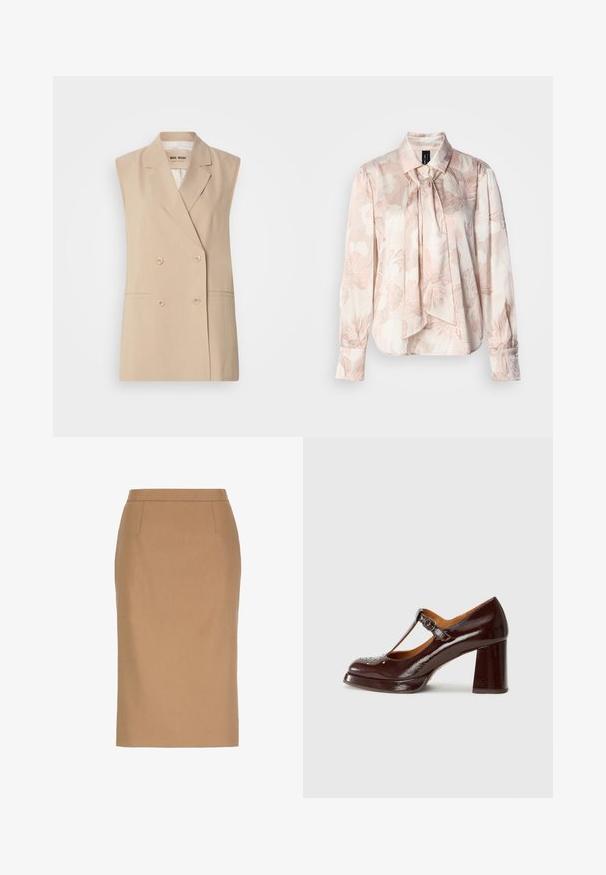 Blazer sin mangas beige con un diseño cruzado, solapas con muescas, dos bolsillos delanteros y detalles de botones. Confeccionado en un tejido suave.; Blusa de manga larga en tela rosa claro con un patrón floral. Cuenta con cuello y detalle de lazo en el cuello, puños con botones y un ajuste relajado.; Falda lápiz beige hasta la rodilla con cintura alta y sutiles detalles de costuras en la parte delantera.; Chie Mihara KAYLA - Tacones - sucre choco/kimera leche