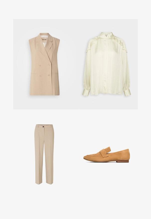 Beige mouwloze blazer met een dubbele rij knopen, geknipte revers, twee voorzakken en knoopdetails. Gemaakt van een gladde stof.; DAY Birger et Mikkelsen COURTNEY MODERN DRAPE - Overhemdblouse - cloud cream; Modström GALE - Broek - powder sand; Tan suède instappers met een platte hak, ronde neus en een gestikte band over de wreef voor een verfijnde afwerking.