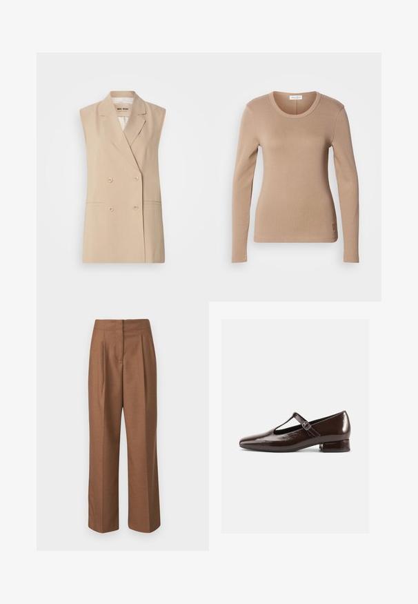 Blazer sin mangas beige con un diseño cruzado, solapas con muescas, dos bolsillos delanteros y detalles de botones. Confeccionado en un tejido suave.; Camiseta de manga larga en un beige claro, con un cuello redondo y ajuste ceñido. Fabricada en una tela suave y elástica con una textura sutil. Detalle de pequeño logo en el dobladillo.; Pantalones marrones a medida con cintura alta, piernas anchas, pliegues frontales y una textura suave. Sin bolsillos visibles ni adornos.; Zapatos Mary Jane de charol marrón con punta redondeada, diseño recortado y una correa ajustable. Tacón bajo y ancho.