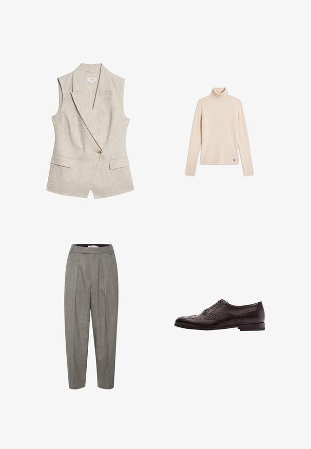 Beige linned sommerblazer uden ærmer med revers, enkelt knappelukning, to frontlommer og en struktureret stofoverflade.; Beige ribstrikket langærmet turtleneck sweater med et lille logopatch nær den nederste kant på en hvid baggrund.; Grå plisserede bukser i hørmønster med flad talje og tætsiddende ben, lavet af et glat materiale.; Brune læder dress sko med brogue-detaljer, snørebånds lukning, rund tå og en lav stablet hæl. Poleret finish og indviklede perforeringer.