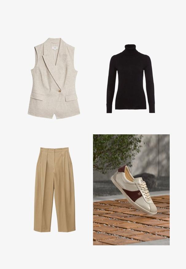 Beige linned sommerblazer uden ærmer med revers, enkelt knappelukning, to frontlommer og en struktureret stofoverflade.; Sort rullekravesweater lavet af blød strik. Har lange ærmer, ribbede manchetter og en ribbet halsudskæring. Glat overflade uden synlige mønstre.; Beige bukser med høj talje og vide ben, forsynet med forblad, sidelommer og en tilpasset talje med bæltestropper.; Hvid og brun sneaker med snørebånd, der flyder over en træ- og småstensbelagt udendørs overflade med grønne blade i baggrunden.