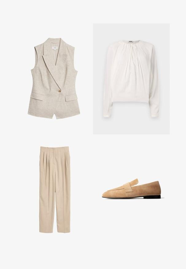 Beige linned sommerblazer uden ærmer med revers, enkelt knappelukning, to frontlommer og en struktureret stofoverflade.; Hvid langærmet bluse med rund halsudskæring og plisseret front. Blødt, glat stof med afslappet pasform og knapdetalje ved kraven.; Beige plisserede bukser lavet af letvægtsstof. Har en lige pasform, taljebånd med syningsdetaljer og ingen synlige lommer.; Lysebrun ruskindsløs loafer med en lav sort hæl og en bred remdetalje tværs over toppen, vist i sideprofil på hvid baggrund.