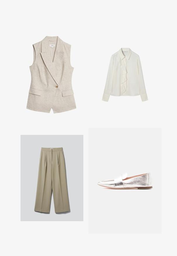 Beige linned sommerblazer uden ærmer med revers, enkelt knappelukning, to frontlommer og en struktureret stofoverflade.; Hvid bluse med lange ærmer, spids krave og asymmetrisk flæsedetalje langs knapstolpen foran.; Beige bukser med brede ben, forlommer og skjult forlukning, vist på en neutral baggrund.; Metallic sølv flad loafer med spids tå, bred remdetalje tværs over toppen og en lav brun sål.