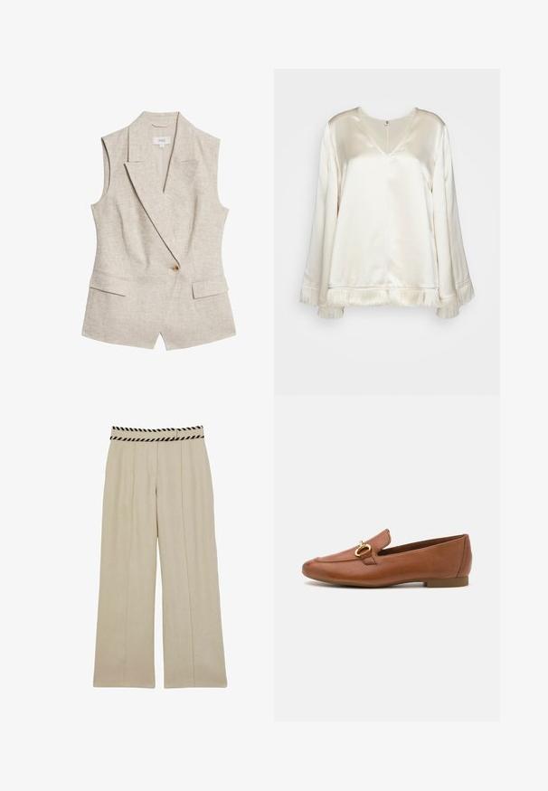 Blazer sans manches en lin beige avec un revers cranté, fermeture à un bouton, deux poches avant et une finition en tissu texturé.; By Malene Birger EXCLUSIVE AVELAS - Blouse - pearl; Pantalons beige à larges jambes avec des plis verticaux et une ceinture à rayures noires. Fabriqués dans un tissu léger, adaptés pour un usage décontracté ou formel.; Mocassins en cuir marron avec un bout arrondi, présentant un accent décoratif en métal doré. Semelle plate et finition lisse.