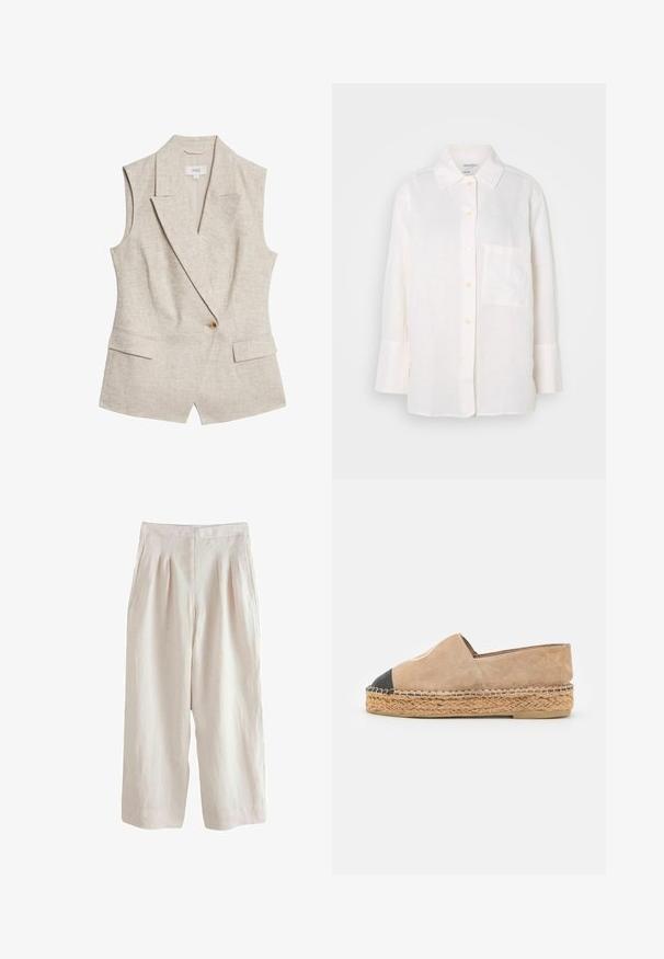 Beige linned sommerblazer uden ærmer med revers, enkelt knappelukning, to frontlommer og en struktureret stofoverflade.; Hvid, langærmet skjorte i hør med knap-down krave. Har en brystlomme og en afslappet, let oversized pasform. Struktureret stof.; Lys beige linnedbukser med vid ben design, der har forkørsler og sidelommer, som giver en tekstureret finish.; Walk London VENICE FULL - Espadrilles - off white