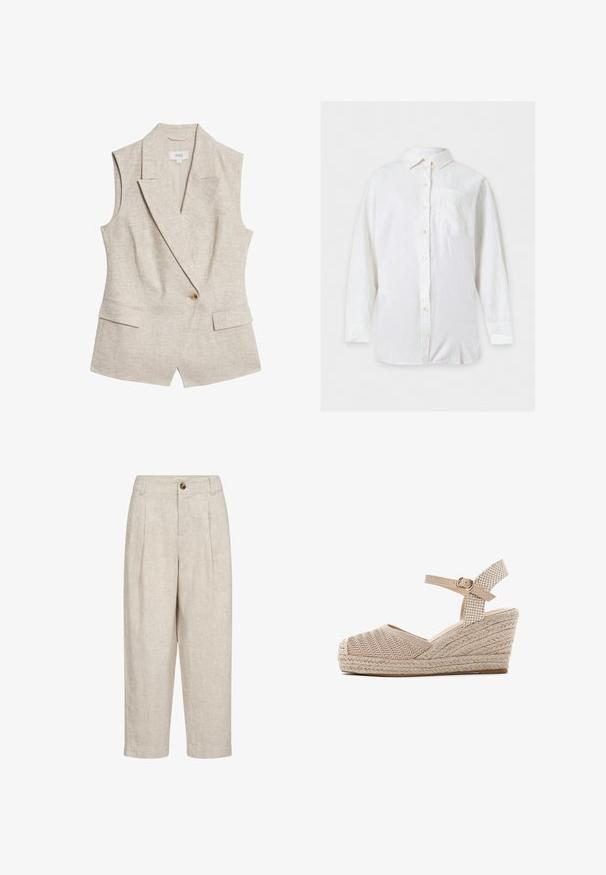 Blazer sans manches en lin beige avec un revers cranté, fermeture à un bouton, deux poches avant et une finition en tissu texturé.; Chemise blanche à manches longues, boutonnée, avec col et poche poitrine gauche, présentée à plat sur un fond clair.; Pantalons en lin beige à taille haute, avec des plis, une fermeture à bouton unique et des jambes droites raccourcies. Comprend des poches latérales.; Sandale compensée beige avec une tige en textile tissée, une bride de cheville et un plant intérieur en jute tressé. Bout arrondi avec un motif en zigzag texturé.
