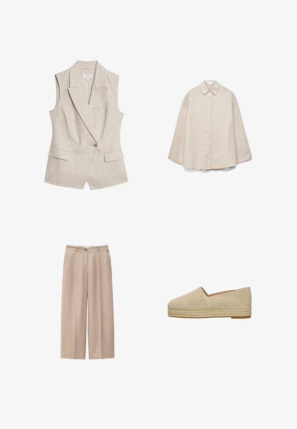 Beige linned sommerblazer uden ærmer med revers, enkelt knappelukning, to frontlommer og en struktureret stofoverflade.; Beige langærmet skjorte med knapper foran, spidse kraver og løs pasform, vist fladt på hvid baggrund.; Beige bukser med vide ben med forreste knap- og lynlåslukning, bæltestropper og sidelommer, lavet af tekstureret stof.; Beige ruskind slip-on espadrille med flettet jutesål og lille metalisk logo på oversiden.