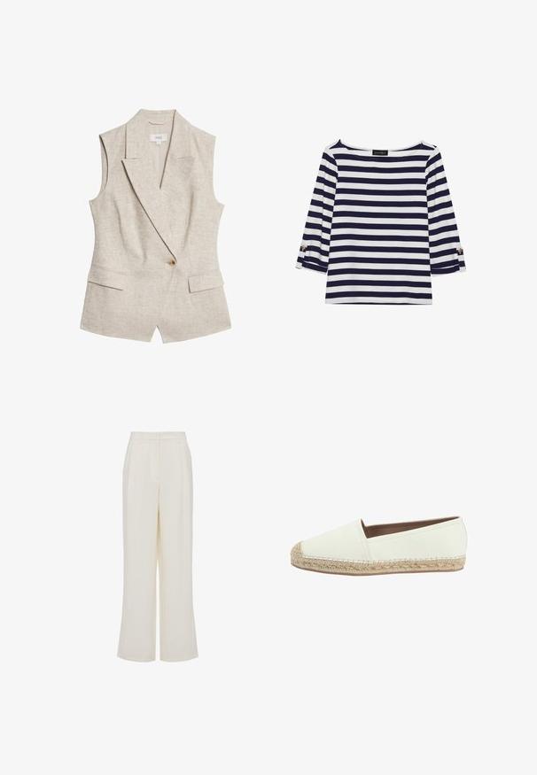 Beige linned sommerblazer uden ærmer med revers, enkelt knappelukning, to frontlommer og en struktureret stofoverflade.; Marineblå og hvide stribede langærmede top med bådudskæring og guldknapdetaljer på opsmøgede ærmer. Blødt stof, afslappet pasform.; Kremfarvede bukser med højtaljet vidde og bæltestropper samt en flad front, vist på en hvid baggrund.; Hvid espadrille med en canvas-overdel og en beige, vævet jute-sål. Har en rund tå og broderede detaljer langs kanten.