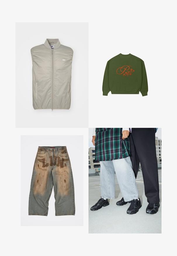 Helle graue ärmellose Jacke aus glattem, gepolstertem Material mit einem hohen Kragen, Frontreißverschluss und Logo auf der Brust. Verfügt über seitliche Taschen.; Grüner Rundhals-Pullover mit einem orangefarbenen Blumenmuster und einem großen geschwungenen Buchstaben "P", der in der Mitte auf der Vorderseite platziert ist.; Hellblaue Denim-Hose mit großen "LUN"-Buchstaben, die eine abgenutzte Textur und braune Flecken an der Vorderseite aufweist, locker geschnitten und mit ausgefransten Säumen.; Schwarze Sportschuhe mit Mesh- und Gummielementen. Kombiniert mit hellgrauen weiten Jeans und einem karierten grünen Oberteil. Flacher Hintergrund.