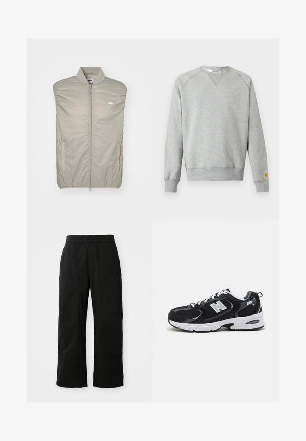 Lys grå ærmeløs jakke lavet af glat, polstret materiale med høj krave, frontlynlås og logo på brystet. Har sidelommer.; Lysegrå crewneck sweatshir t med lange ærmer, ribbede manchetter og kant, samt lille logo patch på venstre ærmekant.; Sorte bomuldsbukser med elastisk talje, vid bendesign og store sidelommer. Stoffet virker blødt med en glat tekstur.; Sorte og grå sportssko med mesh og ruskind på overdelen, der har en hvid mellemsål, snørebånd og et iøjnefaldende "N" logo på siden.
