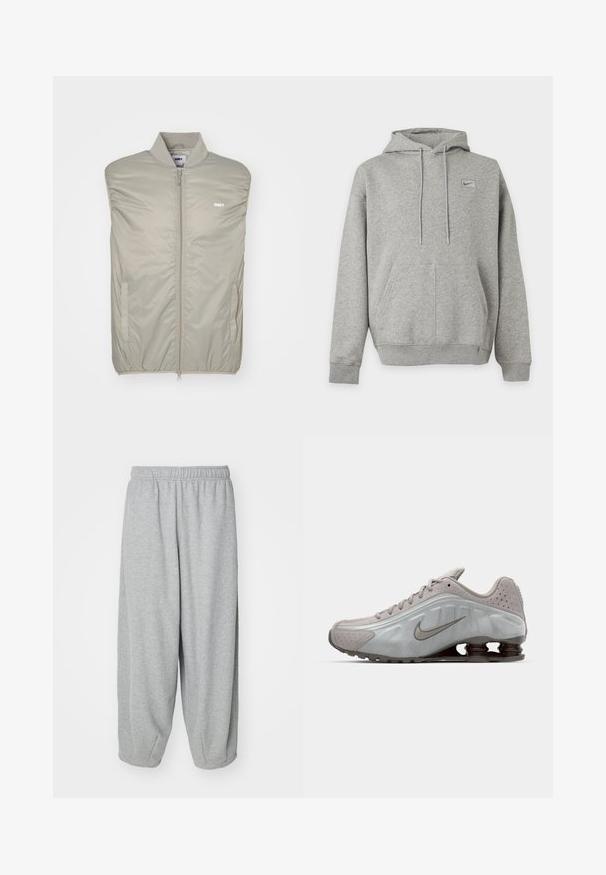 Helehall hallituseta varrukateta jope, mis on valmistatud siledast, polsterdatud materjalist, millel on kõrge krae, esineed ja logo rinna peal. Omab küljetaskuid.; Helehall Nike dressipluus esitasku, nööriga kapuuts ja väike logo vasakul rinnal ükslival taustal.; Heledad hallid, lõdva istuvusega treeningpüksid, mis on valmistatud pehmest kangast. Elastsest materjalist vöökoht ja soonikud pahkluude juures. Lihtne ja kaunistusteta disain.; Nike jooksujalats helesinises värvitoonis, sujuva tekstuuri, kaarjate joontega ning tumeda pruuniga nähtavate pehmendavate vedrudega kandade juures.