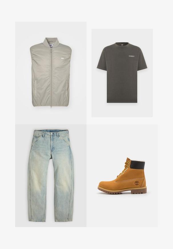 Lichtgrijze mouwloze jas van soepel, gevoerd materiaal met een hoge kraag, voorkant met rits en logo op de borst. Heeft zijzakken.; Donkergrijs T-shirt met korte mouwen, ronde hals en een klein wit "OBEY"-logo op de linkerborst.; Lichtblauwe jeans met wijde pijpen, gemaakt van denim. Heeft vijf zakken, een knoopsluiting en vervaagde plekken voor een versleten uitstraling.; Bruine leren enkellaars met metalen oogjes, witte faux bont voering, zwarte gewatteerde kraag, robuuste zool en een reliëflogo aan de zijkant.