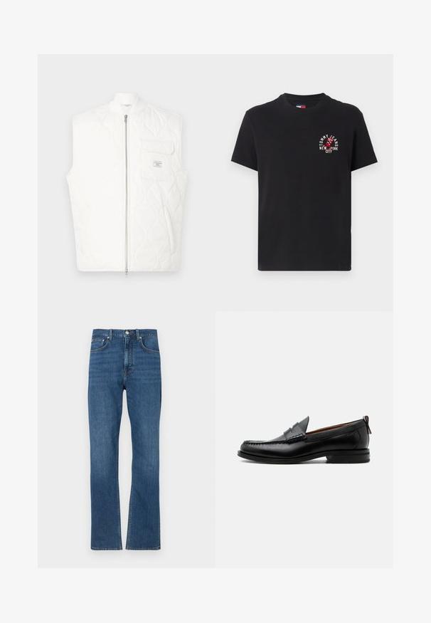 Chaleco blanco acolchado sin mangas con cremallera frontal y bolsillo en el pecho con un pequeño parche de la marca.; Camiseta de algodón negra con mangas cortas, cuello redondo, con un estampado gráfico en rojo y blanco que dice "TOMMY JEANS NEW YORK CITY."; Jeans de mezclilla azul de pierna recta con botón delantero, cremallera, trabillas para cinturón y cinco bolsillos visibles sobre un fondo blanco.; Mocasín de hombre de piel negra con costura moc toe, tira penny, cuello texturizado y tacón bajo apilado sobre fondo blanco.