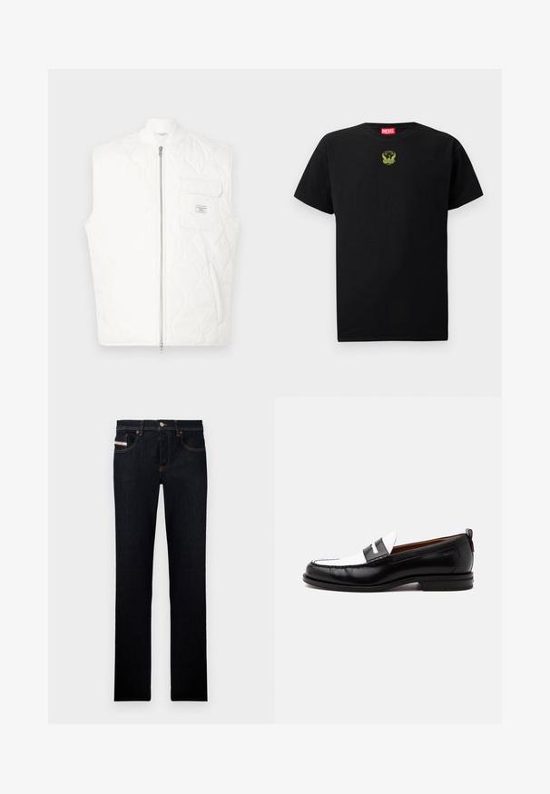 Chaleco blanco acolchado sin mangas con cremallera frontal y bolsillo en el pecho con un pequeño parche de la marca.; Camiseta de algodón negra de manga corta, con un pequeño logotipo bordado verde en el pecho y un cuello redondo.; Jeans de mezclilla azul oscuro con un diseño de pierna recta, con costuras naranjas y una etiqueta en el bolsillo delantero. Cierre con botón de metal.; Mocasín de cuero blanco y negro con detalles cosidos, tacón bajo y diseño tipo slip-on, mostrado de lado sobre un fondo liso.