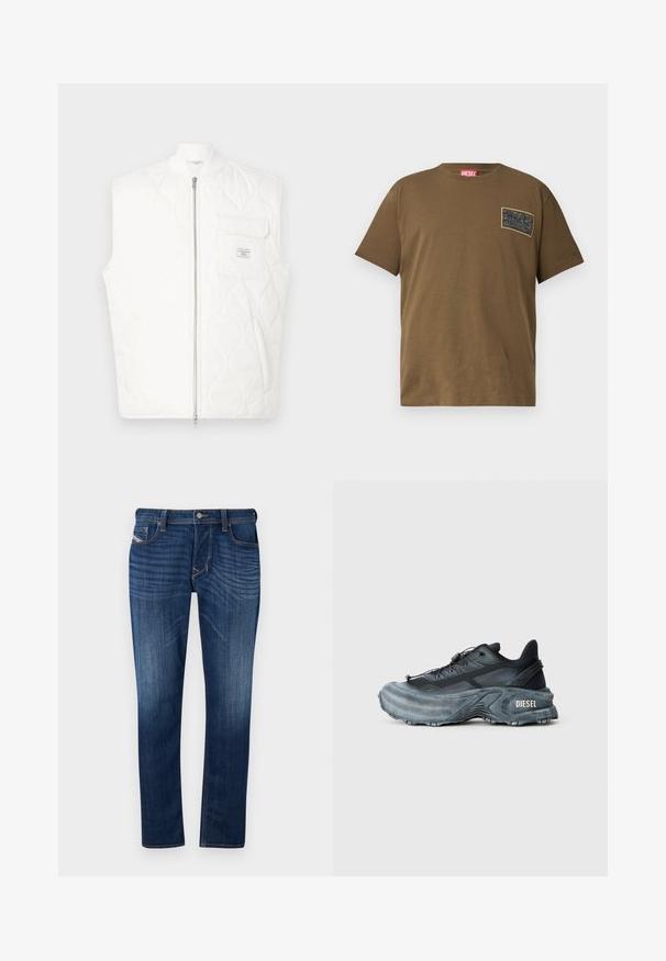 Hvid quiltet ærmeløs vest med foran lynlås og brystlomme med et lille mærkepatch.; Brun bomulds T-shirt med rund hals, der har et sort grafikmærke på venstre bryst. Kortærmet og med lige nederkant.; Mørkeblå denim jeans med lige pasform, udstyret med fem lomme-designet, synlige syninger og en metalknaplukning i taljen.; Sort og grå Diesel sneakers med tyk sål, snørrebåndslukning og tekstureret design på en ensfarvet lysegrå baggrund.
