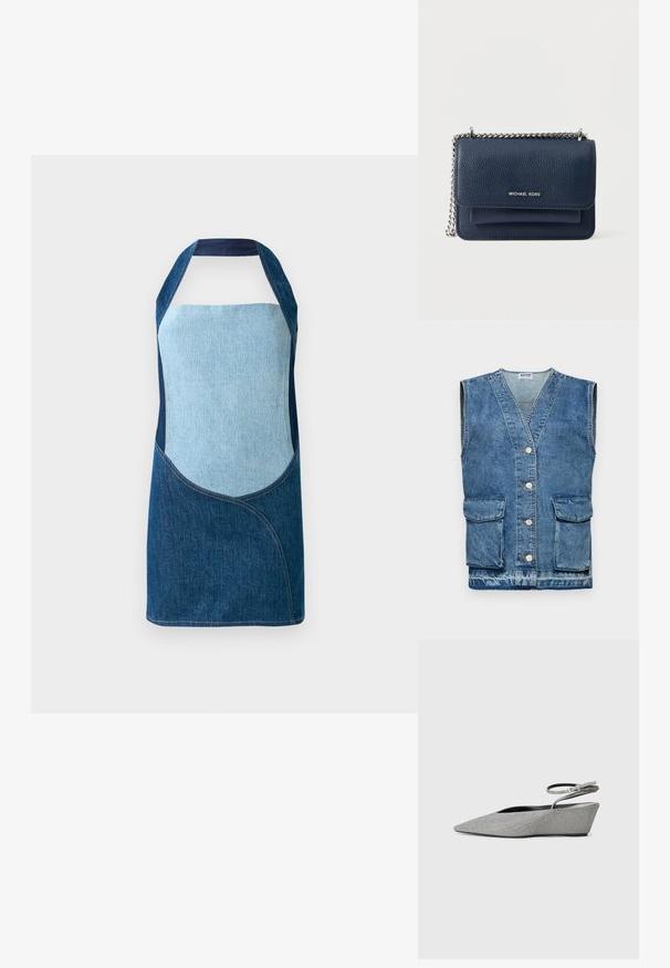 Denim-liivi vaaleansinisessä, hihaton malli jossa on V-pääntie, viisi nappia edessä ja kaksi etutaskua. Kulunut tekstuuri ja haalistuneet alueet ovat läsnä.; Denim-esiliina, joka sisältää sekoituksen vaaleita ja tummia sinisiä kankaita, kaarevilla paneelimuodoilla ja kaulakujamuodolla.; Hopeiset kiilakorkokengät, joissa on kärkiosa ja kuvioitu kangaspäällinen sekä nilkkaremmi. Musta sisävuori ja kumipohja.; Laivastonsininen nahkainen olkalaukku, jossa on teksturoitu pinta, hopeinen ketjuhihna, kääntyvä läppäkansi ja etutasku. Ominaisuuksina hopeinen merkin nimi.