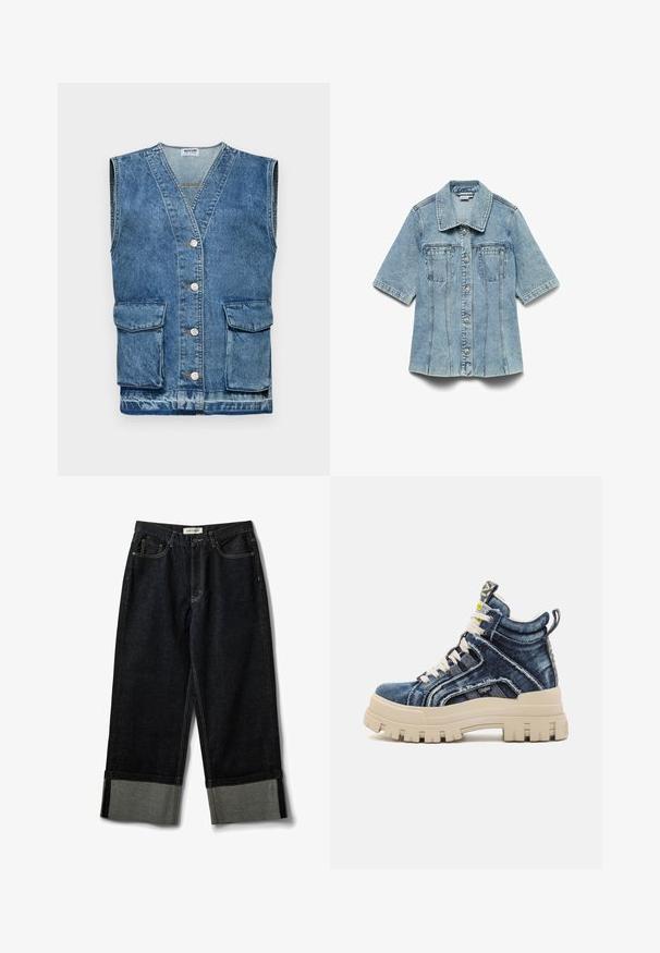 Denim-liivi vaaleansinisessä, hihaton malli jossa on V-pääntie, viisi nappia edessä ja kaksi etutaskua. Kulunut tekstuuri ja haalistuneet alueet ovat läsnä.; Vaaleansininen lyhythihainen farkkutakki, jossa edessä napit, kaksi rintataskua ja klassinen kaulus, asetettuna tasaisesti valkoiselle taustalle.; Tummansinisiä leveälahkeisia farkkuja, joissa on viimeistelemätön helma, kontrastiväriset harmaat kalvosimet, viisi taskua ja ommeltu koristelu, klassisella napin ja vetoketjun suljinnalla.; Buffalo ASPHA MID - Korkeavartiset tennarit - blue