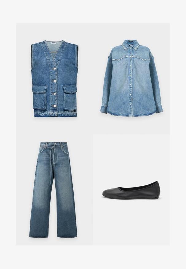 Heled sinine denim vest, ilma varrukateta disain, V-kaelusega, viis esistoonet ja kaks esikotti. Kulunud tekstuur ja pleekinud piirkonnad on kohal.; Helehall sinine teksasärk pikkade varrukatega, pärlitega kaunistatud krae ja õlastruktuuriga, eest nööbitav ja sirge äärega valgel taustal.; Laiad sinised teksad heledas pesus, valmistatud denimist, millel on nähtavad õmbluse aktsendid ja nööbiga kinnitamine vööl.; Musthave mustika tantsutossud mustast nahast, ümmarguse varbaga, siledast tekstuurist, minimaalse õmblusdetailiga ja paindliku tallakujundusega.