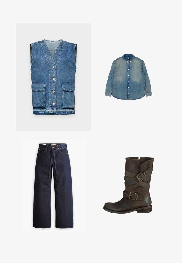 Denim-liivi vaaleansinisessä, hihaton malli jossa on V-pääntie, viisi nappia edessä ja kaksi etutaskua. Kulunut tekstuuri ja haalistuneet alueet ovat läsnä.; Vaaleansininen farkkupaita, jossa on pitkät hihat, napitus edessä, klassinen kaulus ja hienovarainen haalistuminen. Sisältää ommeltuja yksityiskohtia saumoissa.; Korkeavyötäröiset tummansiniset leveälahkeiset farkut, joissa on narunauhakuja, viisi taskua ja kontrastiväriset ompeluseikat.; Ruskot huopatossu ruskeasta nahasta, jossa on tasainen korkeus. Varustettu useilla soljilla ja kuluneella pinnalla. Pyöreä kärki ja hieman roikkuva muoto.