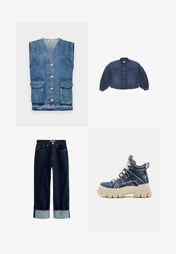 Denim-liivi vaaleansinisessä, hihaton malli jossa on V-pääntie, viisi nappia edessä ja kaksi etutaskua. Kulunut tekstuuri ja haalistuneet alueet ovat läsnä.; Lyhyt denim-paita tummansinisessä värissä, jossa on napitus edessä, terävät kaulukset ja puffatut pitkät hihat. Ominaisuuksiin kuuluu vaakasuoria ompelutietoja.; Tummansiniset farkut käännetyin lahkeensuin, viiden taskun tyyli, näkyvät saumat ja napillinen vyötärön suljenta.; Buffalo ASPHA MID - Korkeavartiset tennarit - blue