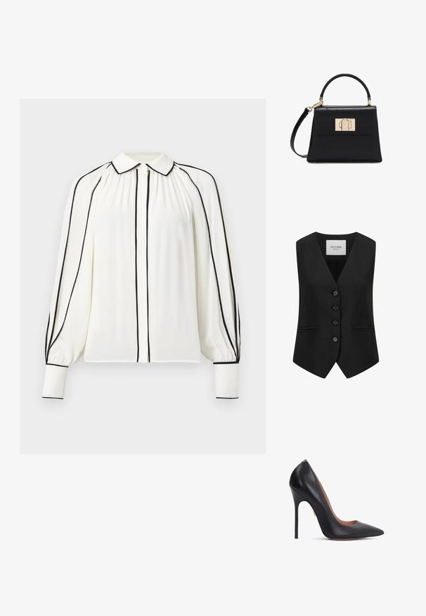 Zwart op maat gemaakt vest van stof met een gladde textuur. Kenmerkt zich door een V-hals, vijf knopen en twee voorkgzakken, ontworpen met een getailleerde silhouette.; Witte blouse met lange mouwen en zwarte bies langs de mouwen, voorkant, kraag en manchetten, voorzien van een klassieke puntkraag en knoopsluiting.; Zwarte leren hoge hak pump met een spitse neus, slanke stiletto hak en een gebogen halslijn. Gladde textuur en een gouden accent nabij de hak.; Zwarte leren handtas met bovenhandvat, afneembare schouderriem en gouden rechthoekige sluiting op de voorspat.