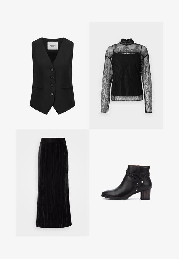 Zwart op maat gemaakt vest van stof met een gladde textuur. Kenmerkt zich door een V-hals, vijf knopen en twee voorkgzakken, ontworpen met een getailleerde silhouette.; Zwarte lange mouwen kant top met hoge kraag, intrigerend bloemenpatroon, doorzichtig materiaal en een solide paneel over het borstgebied.; Zwarte fluwelen maxirok met verticale plooien en een golvende kant tailleband. De stof heeft een zachte, gestructureerde uitstraling.; Pikolinos CALAFAT - Enkelkaarsjes - black