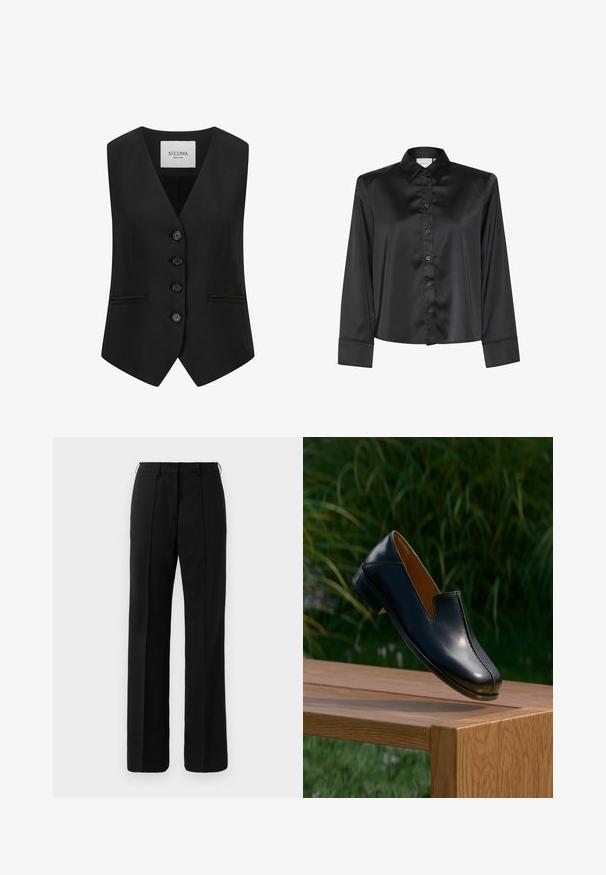 Zwart op maat gemaakt vest van stof met een gladde textuur. Kenmerkt zich door een V-hals, vijf knopen en twee voorkgzakken, ontworpen met een getailleerde silhouette.; Zwarte satijnen overhemd met lange mouwen, klassieke kraag, knopen aan de voorkant en manchetten. Gladde textuur met een glanzende afwerking, slim fit.; Zwarte op maat gemaakte rechte broek met riemlussen en plooidetail aan de voorkant, gepresenteerd tegen een neutrale achtergrond.; Zwarte leren loafer die balanceert op de rand van een houten tafel met groene bladeren op de achtergrond.